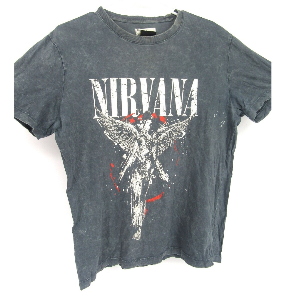 Bershka Nirvana Graphic T-Shirt Mens Small Gray In Utero Angel Acid Wash Tee